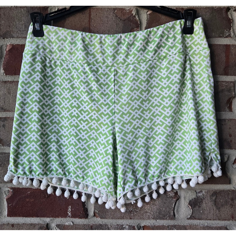 J.McLaughlin Green White Geometric Pom Pom Trim Shorts Size S Made in USA